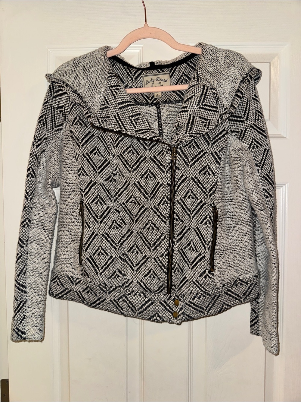 Lucky Brand Black & White Hooded Moto Sweater